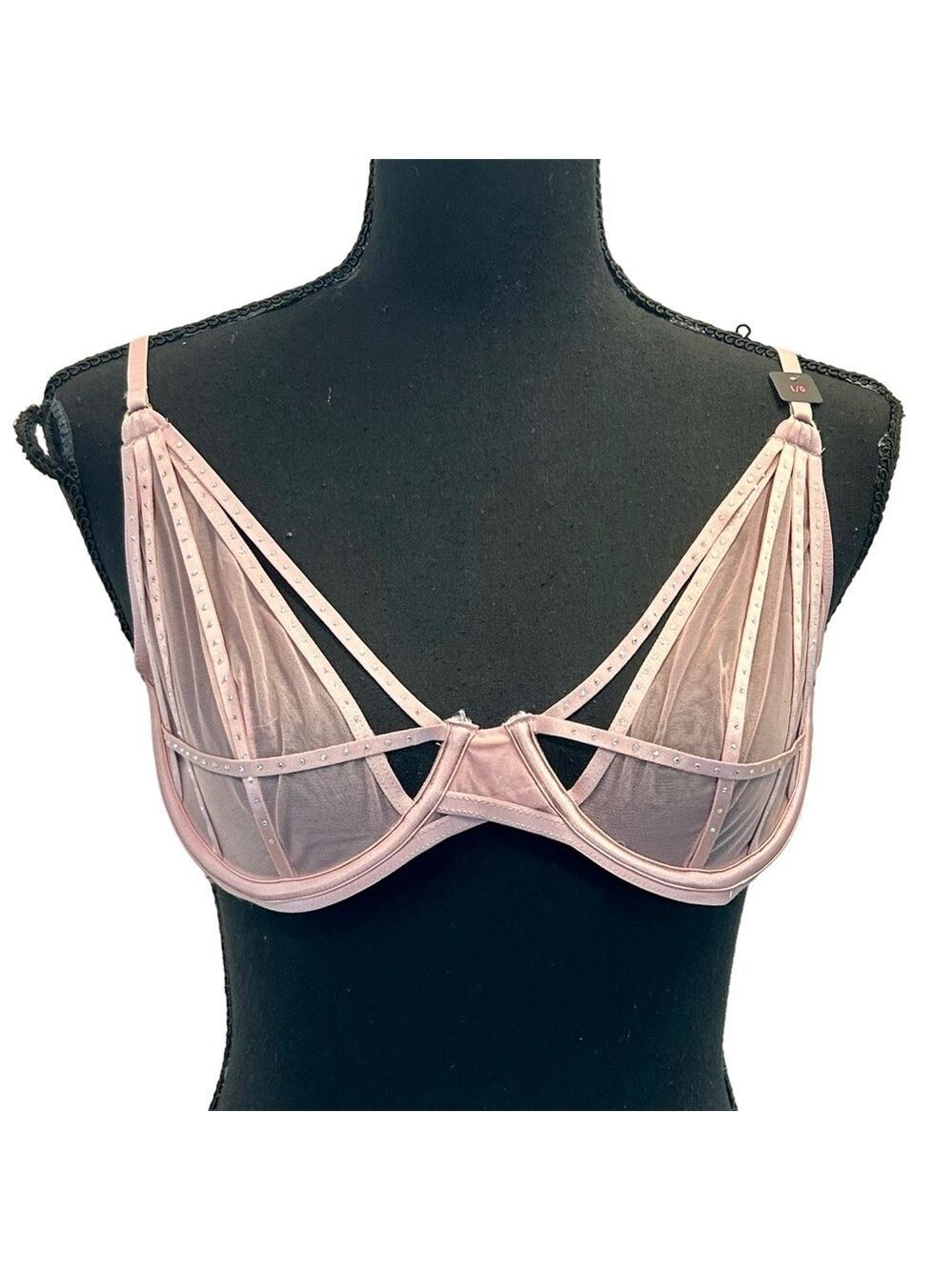 La Senza light pink mesh strappy crystal rhinestone embellished bra Sz L NWT